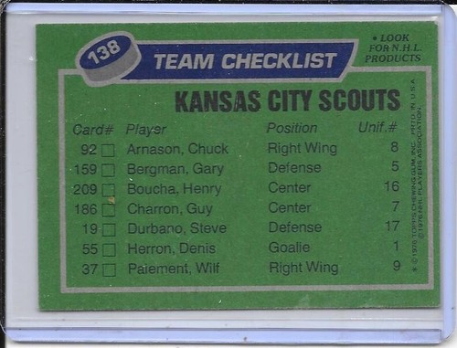 1976-77 Topps Kansas City Scouts Team Checklist (Unmarked) # 138 - Picture 2 of 2