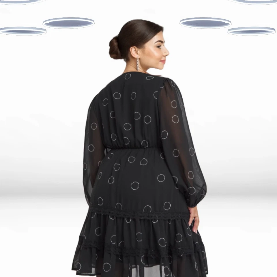 Ex Simply Be Women's Plus Size Spot Print Georgette Skater Dress in Black - Image 2 of 4