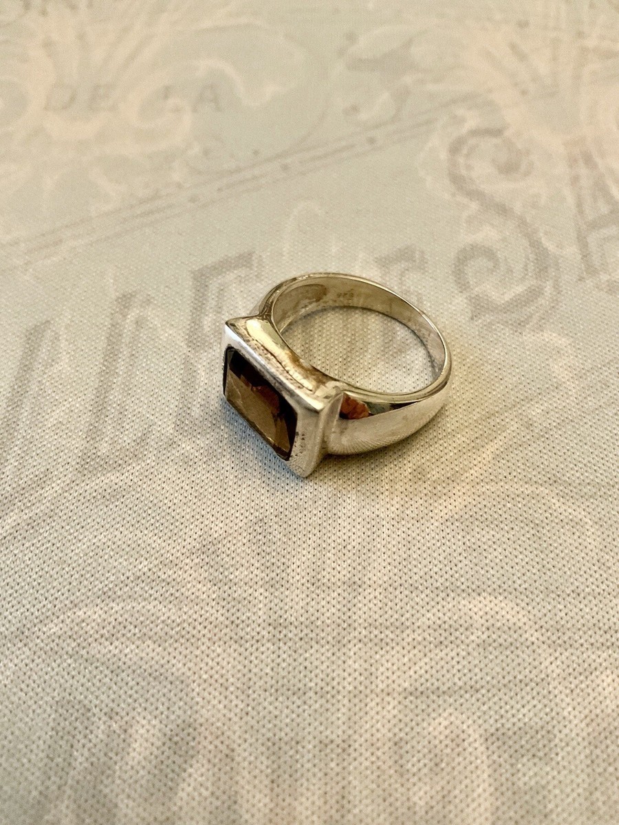 BAGUE TANK Art Déco En Argent Massif Avec Topaze Fumée - Ancienne, élégante - Occasion