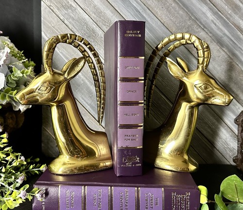 Brass Ibex Gazelle Bookends Vintage Solid Brass Elk Book Ends Deer Book Holders - Picture 6 of 8