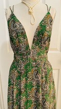 E.SSUE Boho Maxi Floral Paisley Green Multicolor Dress Deep V-Neck Size M