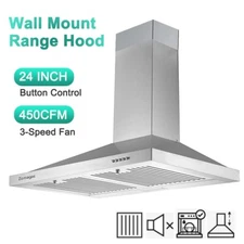 24in Wall Mount Range Hood 450CFM Stove Vent Stainless Steel 3-Speed Fan w/LED