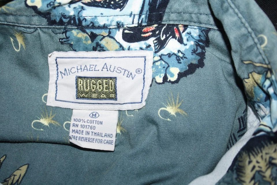 Camisa para hombre Michael Austin resistente talla M verde estampado de pesca mangas largas Foto 4 de 4