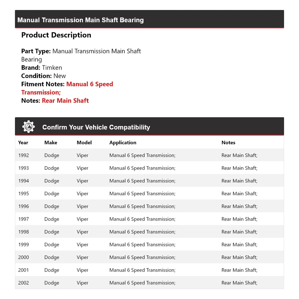 Para 1992-2002 Dodge Viper transmissão manual eixo principal rolamento Timken 1993 - Imagem 2 de 4
