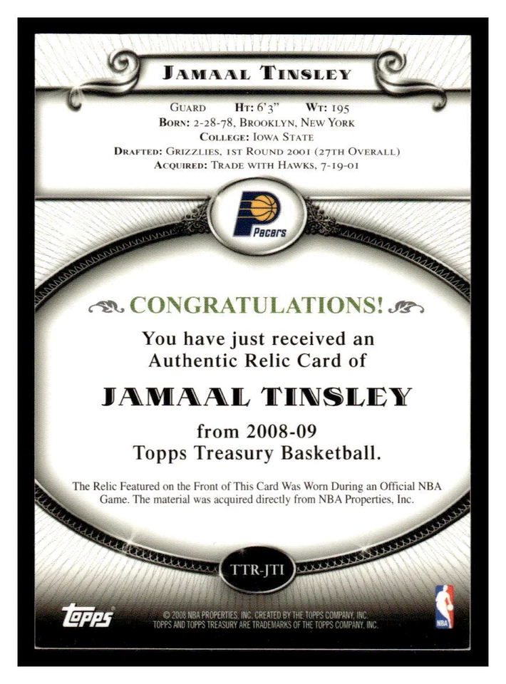 2008 Topps Treasury Basketball #TTR-JTI Jamaal Tinsley    Rookie  BA16 - Image 2 of 2