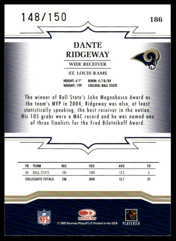 2005 Donruss Throwback Threads #186 Dante Ridgeway Bronze Holofoil #/150 - Image 2 of 2