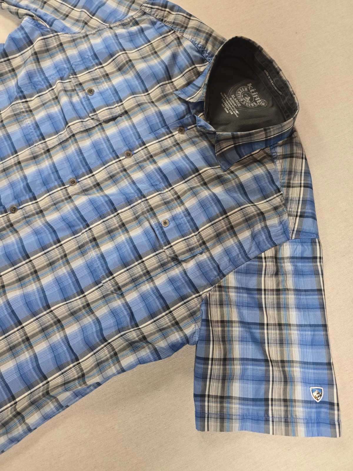 KUHL Eluxur Shirt Mens Size XL Short Sleeve Performance Hike Blue Plaid