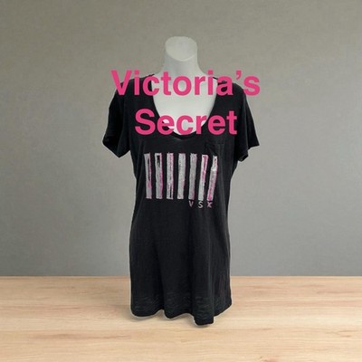 Victoria's Secret Black Tee with Pink and Silver Design in Size Large