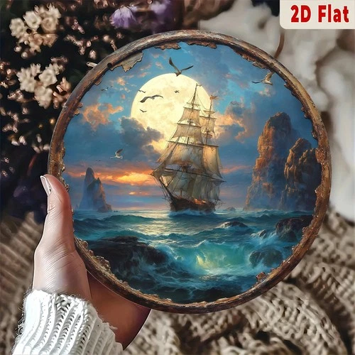 Vintage Sailing Ship in Moonlit Sea Tin Metal Signs Home Décor 8x8