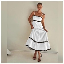 NWT White Linen Maxi Dress Black Ric Rac Trim Smocked Back Size L