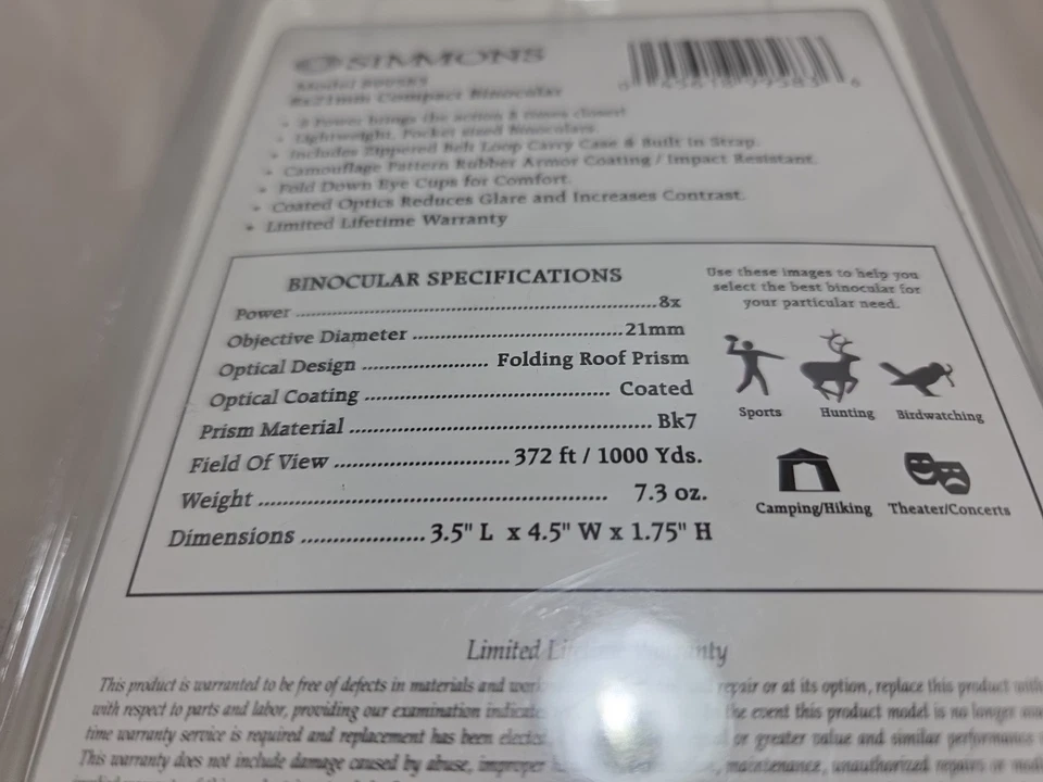 Simmons 8 Power Compact 8x21 Compact Binocular Model 899583 Camo Sealed NOS new - Image 2 of 3