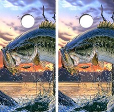Large Mouth Bass Jumping Action Version Cornhole Board Decal Wrap FREE SQUEEGEE