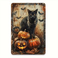 Vintage Halloween Pumpkin Black Cat Metal Tin Sign Wall Decor 8x12