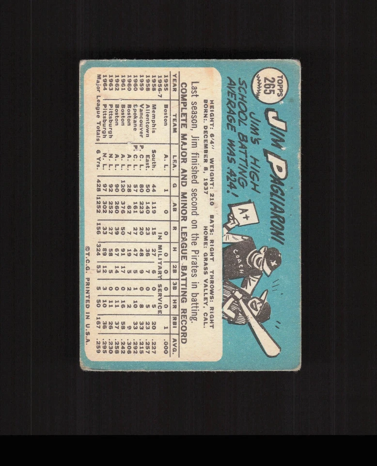 1965 Topps #265 Jim Pagliaroni Baseball Card Pittsburgh Pirates - Image 2 of 2