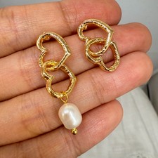 Natural Freshwater Pearl Earrings Bridal 14K Gold Plated Double Heart Drop Gift
