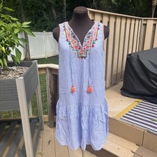 Beach Lunch Lounge Linen Cotton Blend Striped Embroidered Dress Sz S Boho Beach