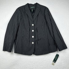 NWT LRL Ralph Lauren Pinstripe Blazer Women s 1X Linen Blend Jacket Black White