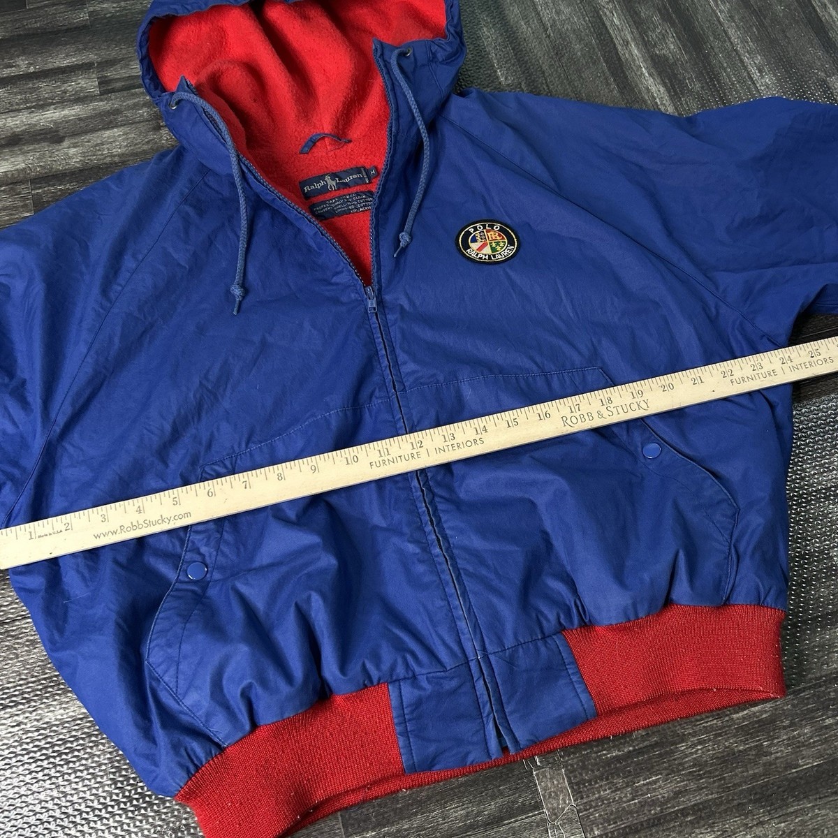 焼*魚様 RALPH LAUREN COOKIE PATCH FLEECE CA Vintage 90s Polo Ralph Lauren Cookie Patch Blue Red Fleece Lined