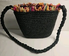 Sun 'N Sand Rattan Shoulder Bag Purse Zipper Black Woven17" Strap Drop
