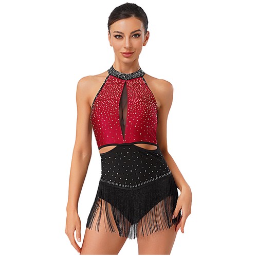 Damen Latin Tanzkleid Ärmellos Glitzer Leotard Mit Fransen Rock Tanzkleidung - Picture 25 of 78