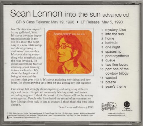 SEAN LENNON ~ INTO THE SUN 1998 PROMO ADVANCE CD / GRAND ROYAL (CAPITOL) CD - Bild 2 von 3