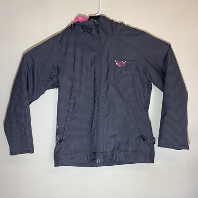 Roxy 5000 Gray Pink Pinstriped Fur Lined size A Nylon Ski Snow Hooded Jacket