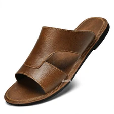 Mens Leather Open Toe Flats Slip on Slides Summer Beach Casual Slippers Shoes Sz