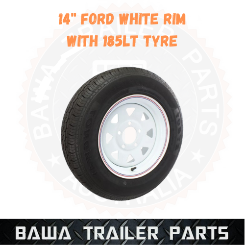 SUNRAYSIA WHITE 14" FORD RIM WITH 185 LT TYRE ! Trailer Wheel and Tyres