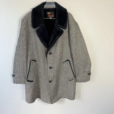 Richman Brother Vintage Fur Lined Wool Over Coat Size 44 Gray Black Herringbone