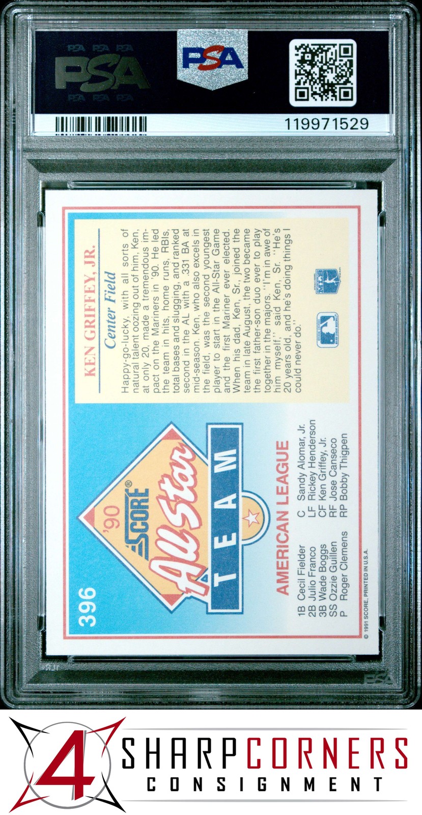 1991 SCORE #396 KEN GRIFFEY JR. MARINERS HOF PSA 10 view 2