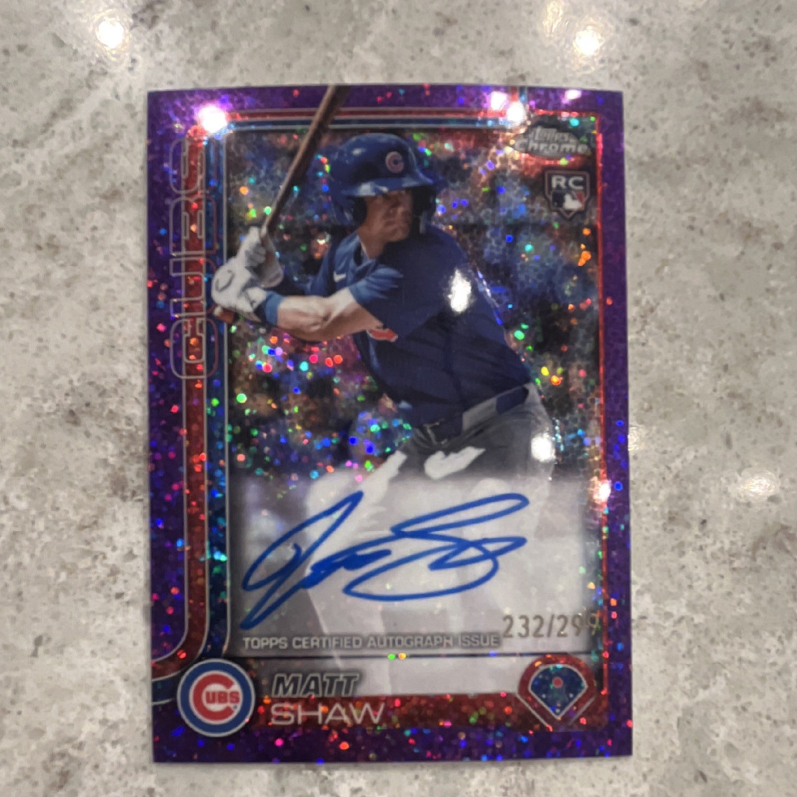 Topps Matt Shaw Chicago Cubs 2025 Chrome Rookie Auto Purple Speckle /299