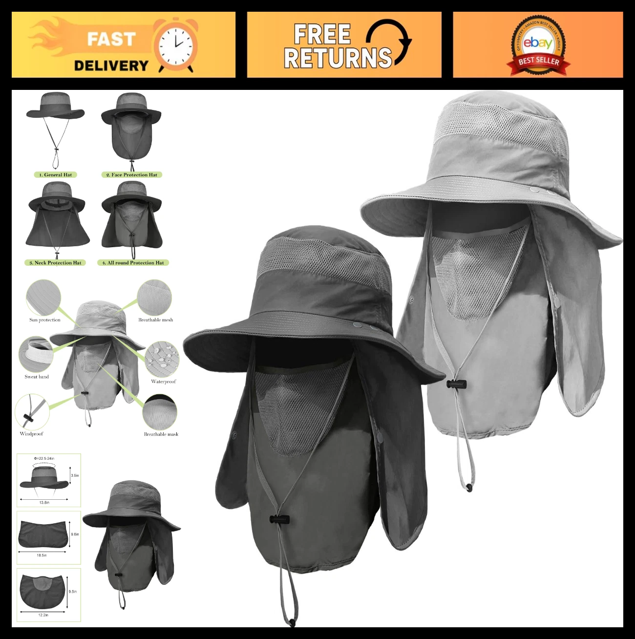 Men's Wide Brim Fishing Hat 2 Pack - UPF 50+ Sun Protection, Removable Flap