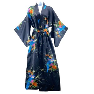 Peacock Kimono One Size Black Blue Pink Orange Floral Satin Maxi Robe Japan Made