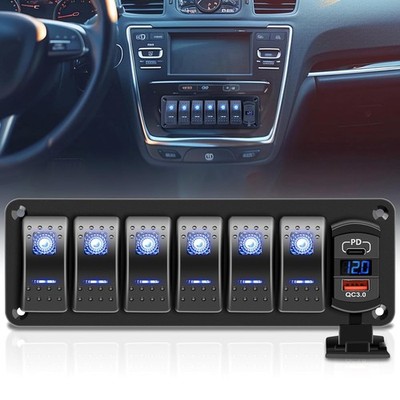 6 Gang 5 Pin Marine Boat Rocker Switch Panel with DC 12-24V LED Voltmeter PD Typ