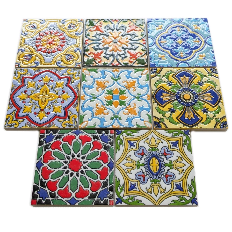 Set of 8 Multi Colour Moroccan Arabic 10cm Square Mosaic Wall & Floor Tiles - Image 3 of 4