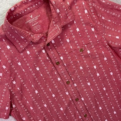 American Eagle Mens Button Down Medium Red Arrow Print Slim Fit Short Sleeve