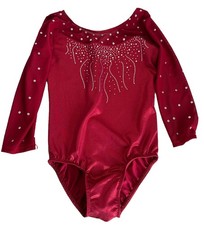 Girls 8y Long Sleeved Leotard, Gymnastics Dance, Red With Rhinestones