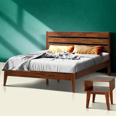 Walnut  Wooden Platform Bed Frame with Nightstand Set, Queen Size