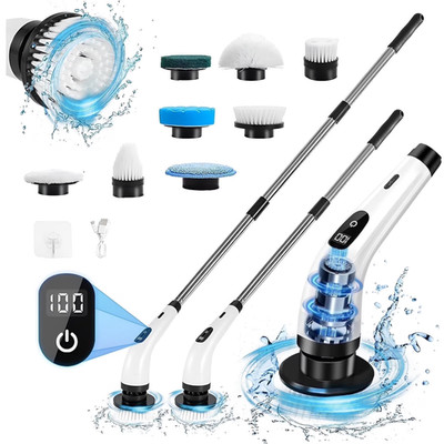 Electric Spin Scrubber - Cordless Cleaning Brush with 8 Heads & Long Handle Powe