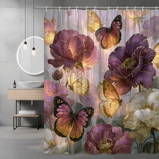 Butterfly Floral Shower Curtain Purple Pink Botanical Print