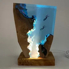 Handmade Ocean Resin Lamp With Divers- Unique Epoxy Wood Night Light- Deep Sea