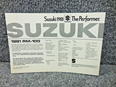 NOS 1981 Suzuki RM-100 The Performer Dealer Sales Floor Price Tag Spec Card