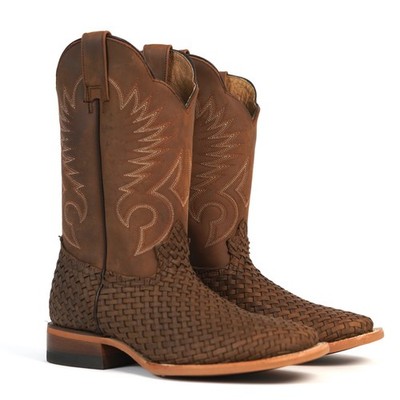 MEN'S REYWELT COWBOY RODEO BOOTS TEJIDA TAN GENUINE LEATHER WOVEN PATTERN SQUARE