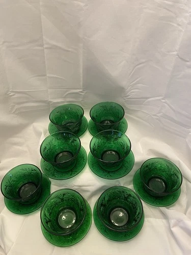 Vtg Anchor Hocking Forest Green Sandwich Glass Custard Cups And Saucers Set Of 8