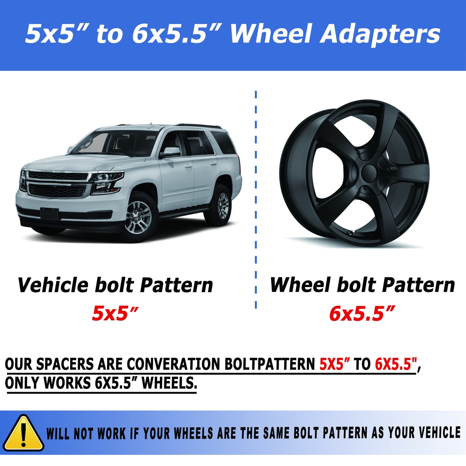 2PCS 2" 5x5 to 6x5.5 Wheel Adapter fits Chevy 5 Lug adapter 6 Lug