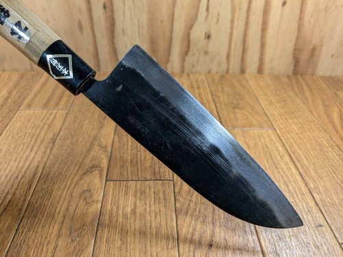 Japanese Chef's Kitchen Knife SANTOKU Vintage HAND MADE BLACK 160/303mm JJ538 - Picture 14 of 18