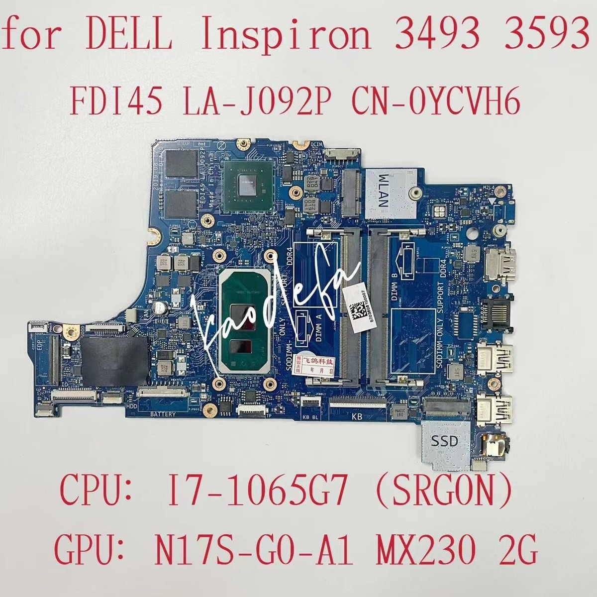 LA-J092P for Dell Inspiron 3493 3593 Laptop Motherboard CPU LA-J092P for Dell Inspiron 3493 3593 Laptop Motherboard CPU