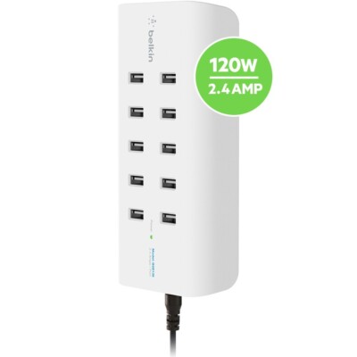 Belkin 10-Port USB-Ladestation,120W, 2,4A pro Port,Überspannungsschutz Weiß  NEU