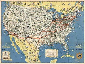 American Airlines System Map Route of the Flagships Wall Art Print Poster 11x14