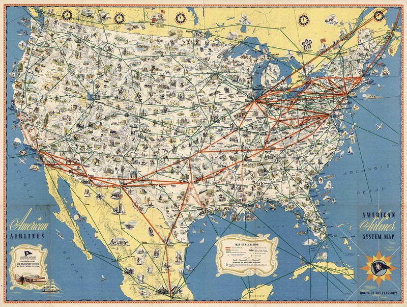 American Airlines System Map Route of the Flagships Wall Art Print Poster 11x14